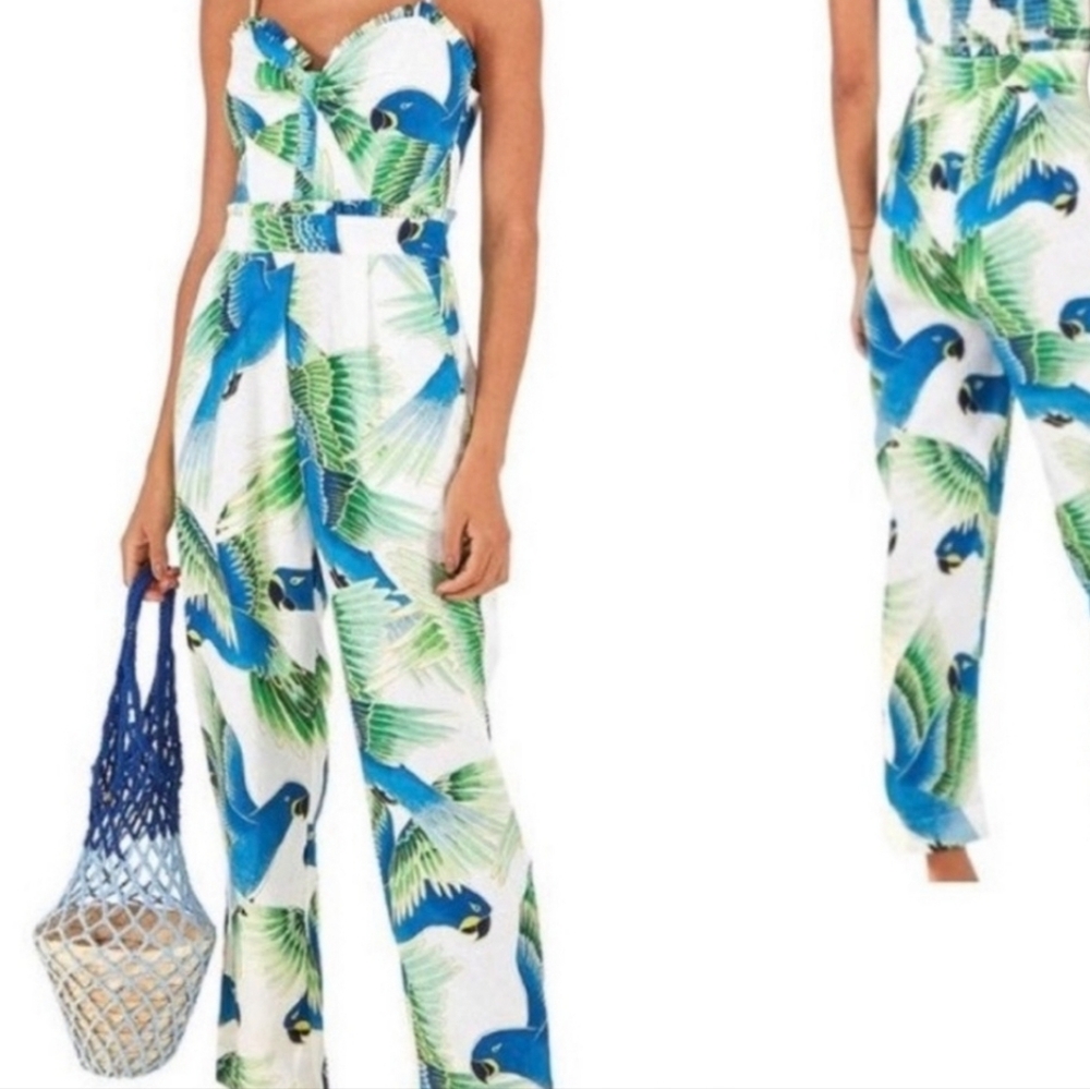 Farm Rio White Blue Parrot Jumpsuit